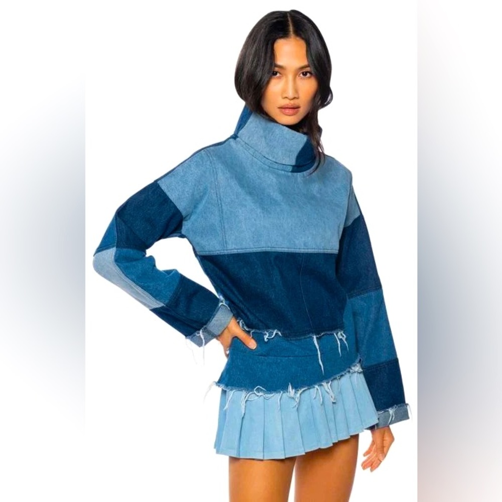 DENIM PATCHWORK FUNNEL NECK TOP